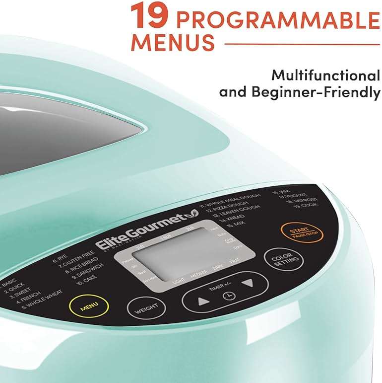 Elite Gourmet Programmable Bread Maker, 2 lb Loaf, 3 Sizes, 19 Presets incl. Gluten-Free, Dough & Jam, Delay Timer, Mint - Image 4