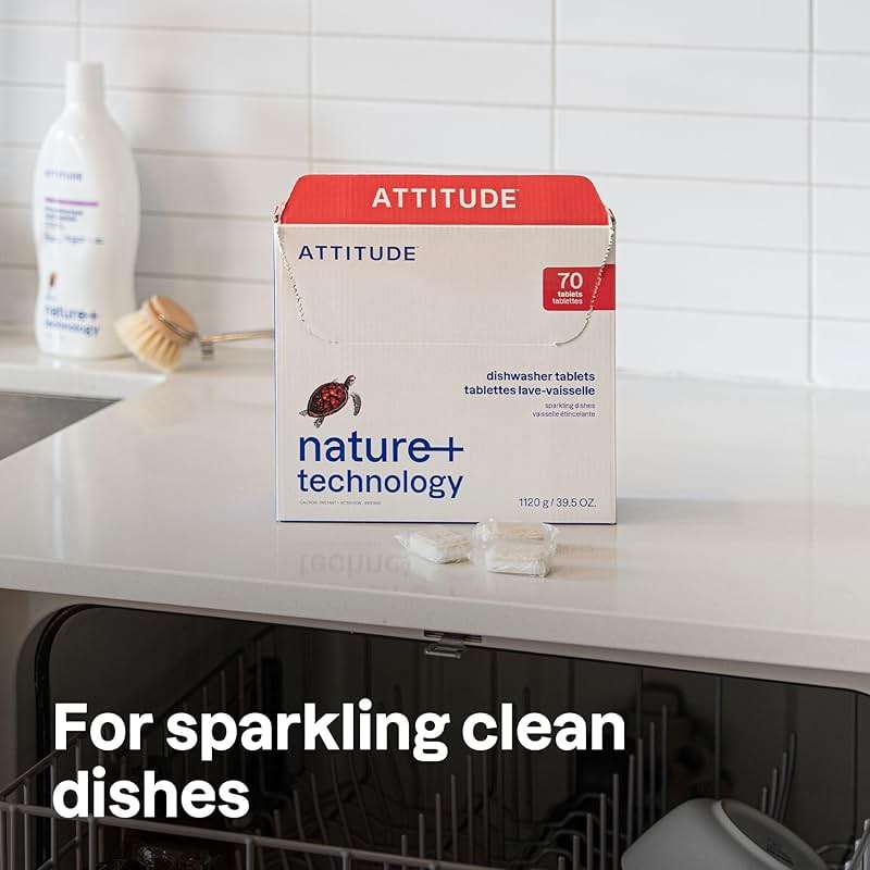 ATTITUDE Dishwasher Pods, Plant-Based & Vegan, Phosphate-Free Detergent Tablets, Naturally Derived, Unscented, 70 Count - Image 2