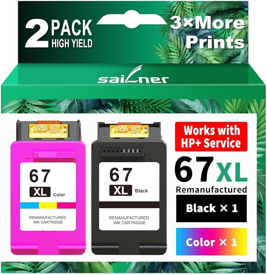 SAILNER 67XL Ink Cartridges Black/Color Combo Pack Replacement for HP Ink 67 HP67XL (2-Pack High Yield) Compatible with HP DeskJet 2755e 2855e 2700e 4155e 2734e 2827e 4100e Envy 6055 6455e Printer - Product Image