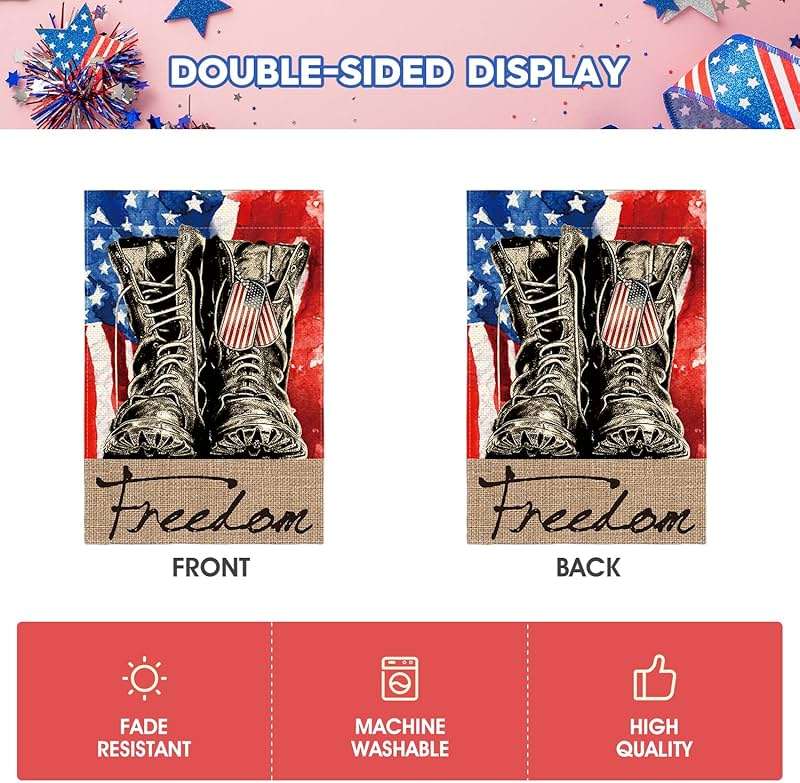 AVOIN colorlife Freedom Boots Garden Flag 12x18 Inch Double Sided, Patriotic 4th of July Independence Memorial Day Veteran Soldier Yard Outdoor Decoration - Image 6