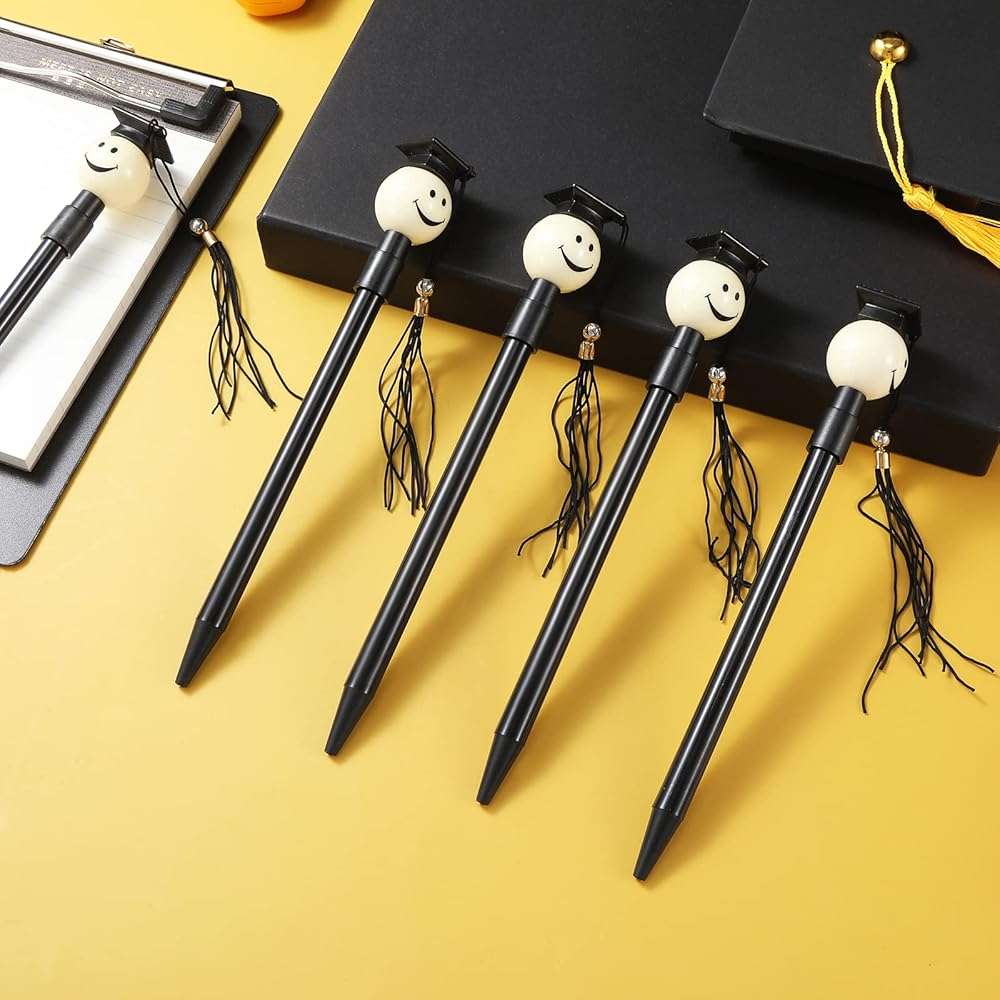 Pajean 30 Pieces 2026 Graduation Cap Ballpoint Pen with Tassels Happy Face Round Shaped Rollerball Pen 0.7 mm Black Gel Ink Lovely Present for Graduation Party Favors Gift Office Home Supplies(Black) - Image 2