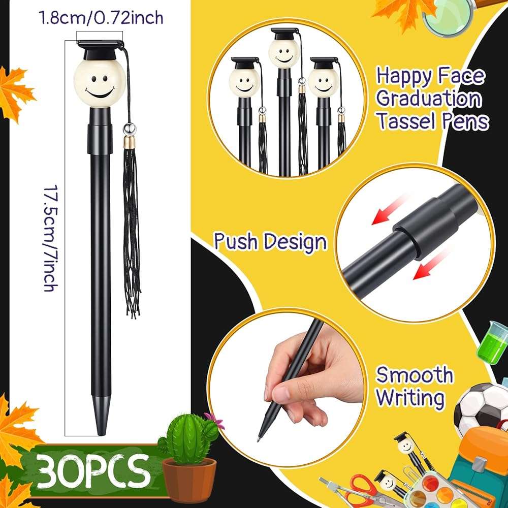 Pajean 30 Pieces 2026 Graduation Cap Ballpoint Pen with Tassels Happy Face Round Shaped Rollerball Pen 0.7 mm Black Gel Ink Lovely Present for Graduation Party Favors Gift Office Home Supplies(Black) - Image 3