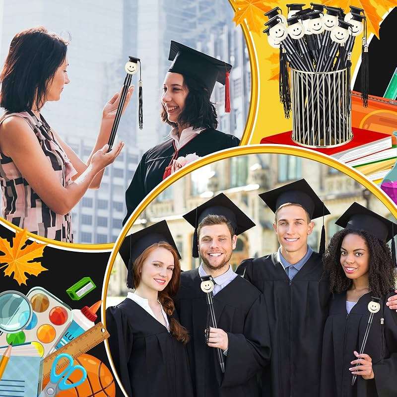 Pajean 30 Pieces 2026 Graduation Cap Ballpoint Pen with Tassels Happy Face Round Shaped Rollerball Pen 0.7 mm Black Gel Ink Lovely Present for Graduation Party Favors Gift Office Home Supplies(Black) - Image 5