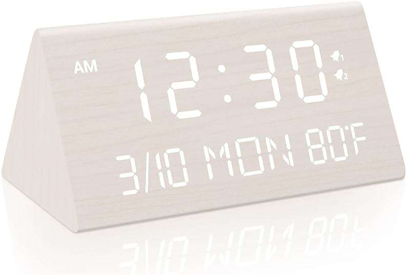 Kogonee Wooden Digital Alarm Clock, 0-100% Dimmer, 2 Alarm Settings, Weekday/Everyday Mode, 9 Mins Snooze, 12/24H, Temperature and Date Display for Office, Travel, Bedroom Alarm Clock (White) - Image 1