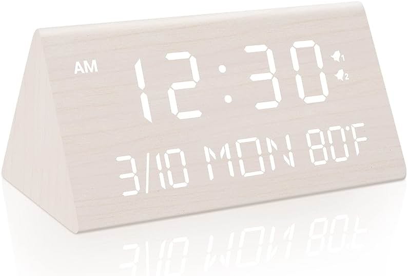 Kogonee Wooden Digital Alarm Clock, 0-100% Dimmer, 2 Alarm Settings, Weekday/Everyday Mode, 9 Mins Snooze, 12/24H, Temperature and Date Display for Office, Travel, Bedroom Alarm Clock (White) - Product Image