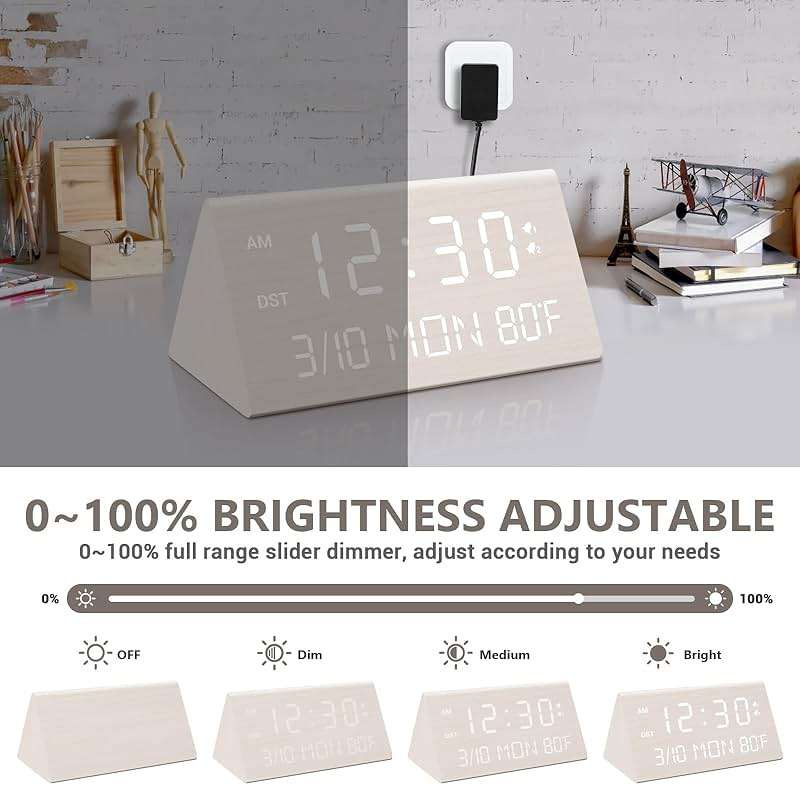 Kogonee Wooden Digital Alarm Clock, 0-100% Dimmer, 2 Alarm Settings, Weekday/Everyday Mode, 9 Mins Snooze, 12/24H, Temperature and Date Display for Office, Travel, Bedroom Alarm Clock (White) - Image 3
