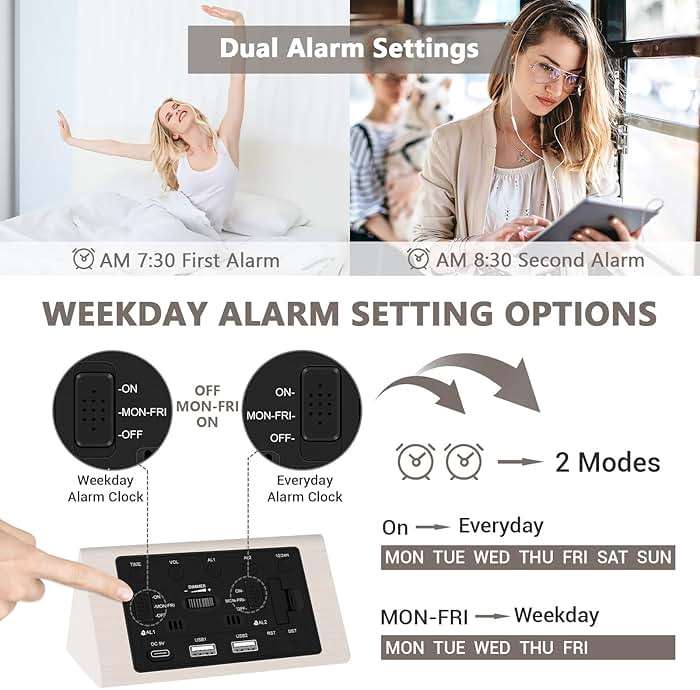 Kogonee Wooden Digital Alarm Clock, 0-100% Dimmer, 2 Alarm Settings, Weekday/Everyday Mode, 9 Mins Snooze, 12/24H, Temperature and Date Display for Office, Travel, Bedroom Alarm Clock (White) - Image 4