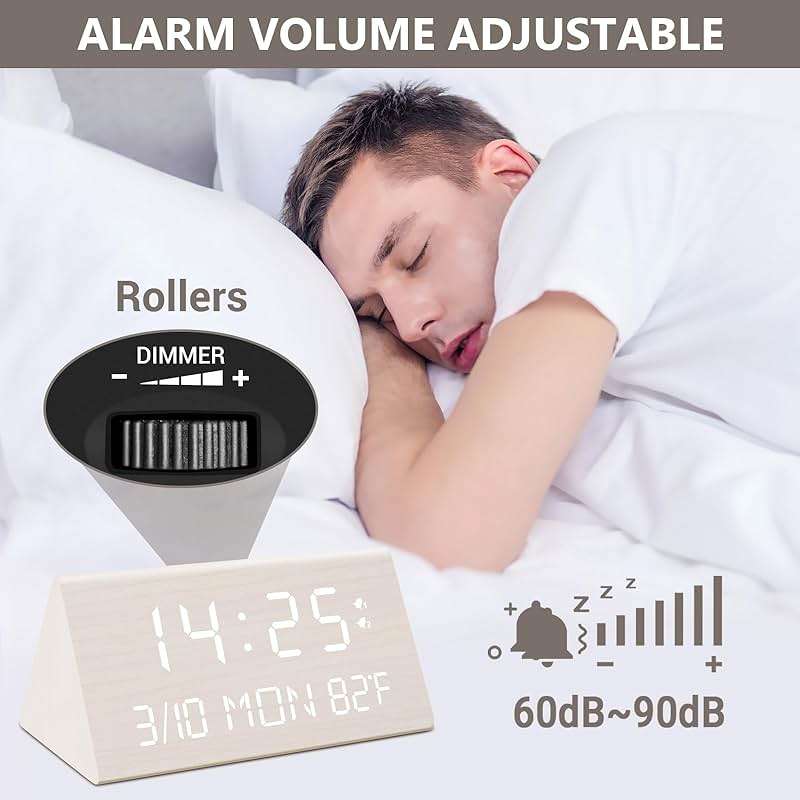 Kogonee Wooden Digital Alarm Clock, 0-100% Dimmer, 2 Alarm Settings, Weekday/Everyday Mode, 9 Mins Snooze, 12/24H, Temperature and Date Display for Office, Travel, Bedroom Alarm Clock (White) - Image 5