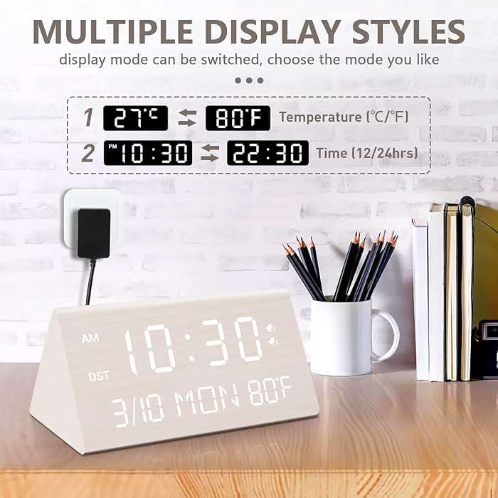Kogonee Wooden Digital Alarm Clock, 0-100% Dimmer, 2 Alarm Settings, Weekday/Everyday Mode, 9 Mins Snooze, 12/24H, Temperature and Date Display for Office, Travel, Bedroom Alarm Clock (White) - Image 6