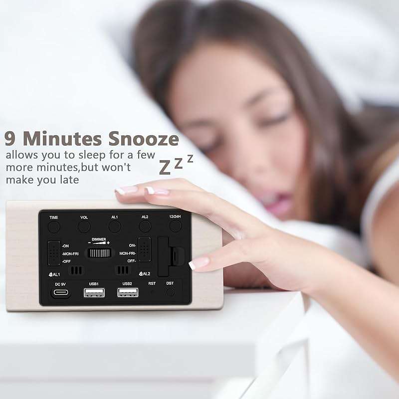 Kogonee Wooden Digital Alarm Clock, 0-100% Dimmer, 2 Alarm Settings, Weekday/Everyday Mode, 9 Mins Snooze, 12/24H, Temperature and Date Display for Office, Travel, Bedroom Alarm Clock (White) - Image 9