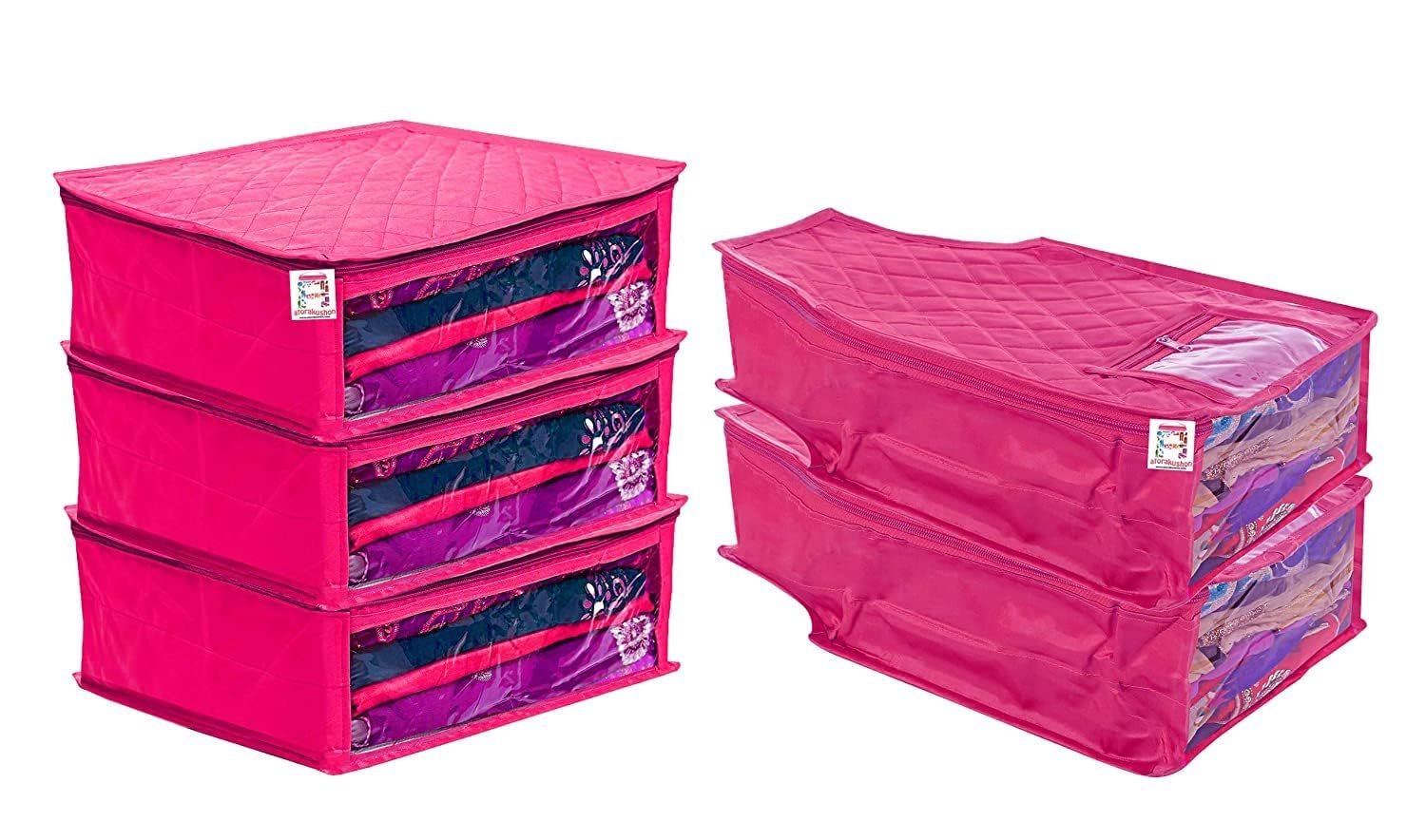 atorakushon Set of 5 Fabric Satin Saree and Blouse Covers Garments Clothes Storage Bag Wardrobe Organizers With Double Zip Lock & Transparent Window (Pink) - Product Image