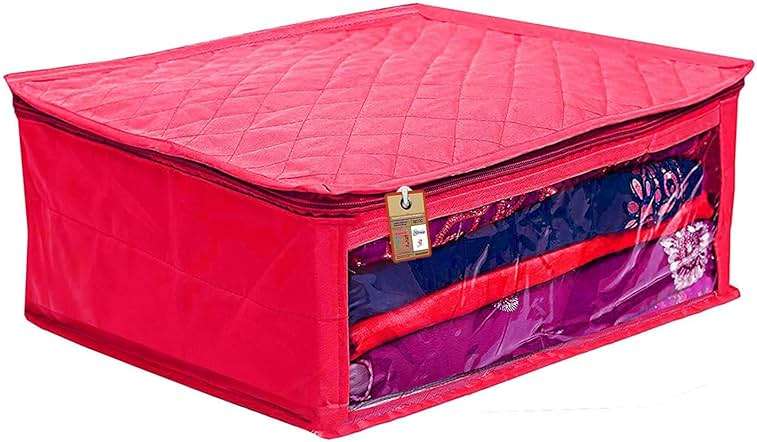 atorakushon Set of 5 Fabric Satin Saree and Blouse Covers Garments Clothes Storage Bag Wardrobe Organizers With Double Zip Lock & Transparent Window (Pink) - Image 4