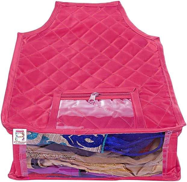 atorakushon Set of 5 Fabric Satin Saree and Blouse Covers Garments Clothes Storage Bag Wardrobe Organizers With Double Zip Lock & Transparent Window (Pink) - Image 8