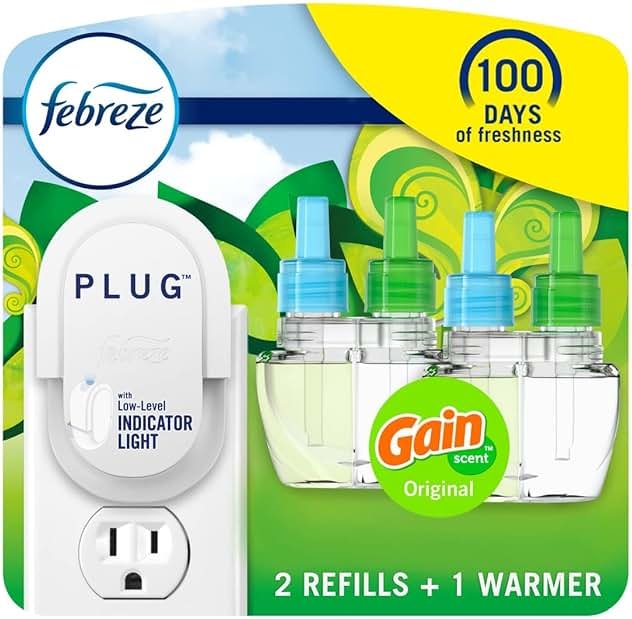 Febreze Plug-In Air Freshener, Odor-Fighting Scented Oil Starter Kit, Air Fresheners for Home, Bathroom and Kitchen, Long Lasting for Strong Odors, Gain Original Scent, Warmer + 2 Refill, Multicolor - Product Image
