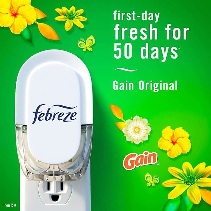 Febreze Plug-In Air Freshener, Odor-Fighting Scented Oil Starter Kit, Air Fresheners for Home, Bathroom and Kitchen, Long Lasting for Strong Odors, Gain Original Scent, Warmer + 2 Refill, Multicolor - Image 4