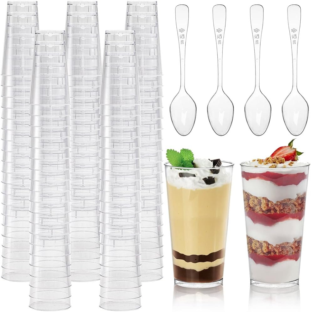 Peohud 100 Pack 3oz Plastic Dessert Cups with Spoons, Mini Dessert Shooter Cups, Disposable Parfait Appetizer Cups Shot Glasses for Desserts, Pudding, Event and Party - Product Image