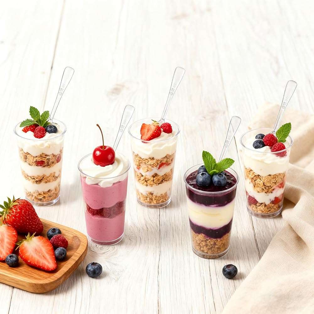 Peohud 100 Pack 3oz Plastic Dessert Cups with Spoons, Mini Dessert Shooter Cups, Disposable Parfait Appetizer Cups Shot Glasses for Desserts, Pudding, Event and Party - Image 6
