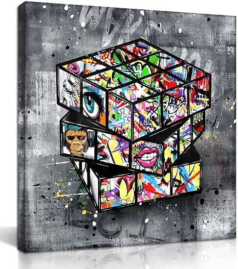 SIXTTART Banksy Canvas Wall-Art for Bedroom - Street Graffiti Wall Art Abstract Painting Pop Art Wall Decor Modern Home Office Decor 14" W x14 H Stretched and Framed Ready to Hang - Image 1