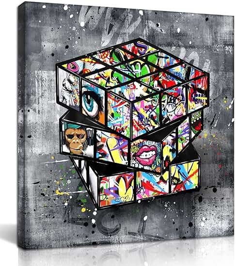 SIXTTART Banksy Canvas Wall-Art for Bedroom - Street Graffiti Wall Art Abstract Painting Pop Art Wall Decor Modern Home Office Decor 14" W x14 H Stretched and Framed Ready to Hang - Product Image