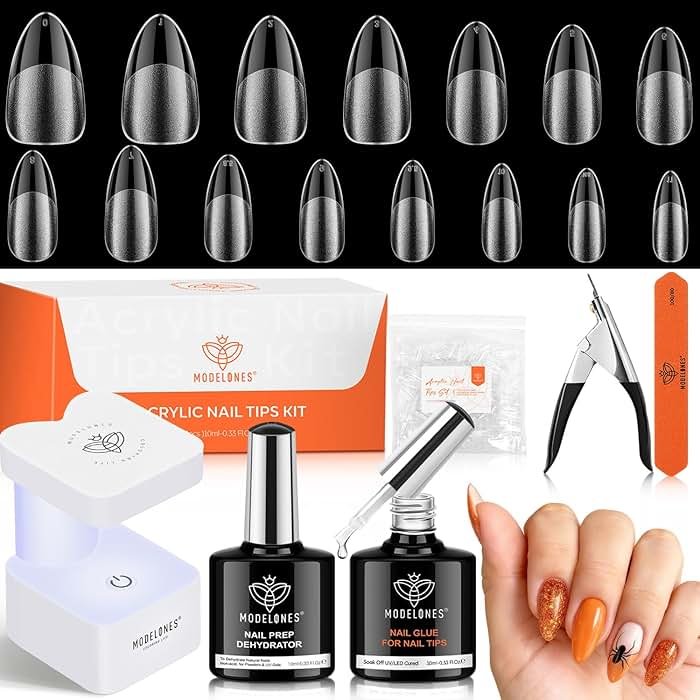 modelones X Nail Gel Kit Almond, Upgrade 15Sizes Fake Nails, 9-in-One Glue Dehydrator & Mini U V Light Clipper, 510Pcs Medium Almond Press on Tips for Extension DIY Salon Home Gift - Product Image