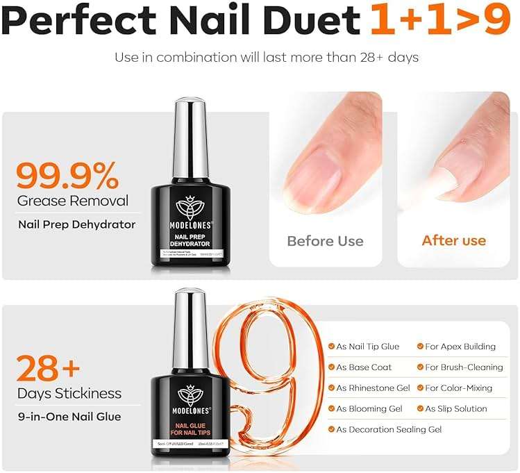 modelones X Nail Gel Kit Almond, Upgrade 15Sizes Fake Nails, 9-in-One Glue Dehydrator & Mini U V Light Clipper, 510Pcs Medium Almond Press on Tips for Extension DIY Salon Home Gift - Image 4