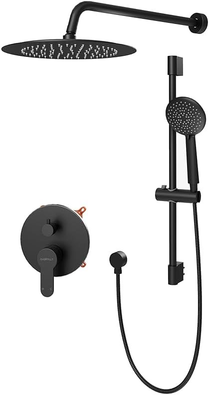 Gabrylly Shower System Black, Wall Mounted Slide Bar Shower Faucet Set Complete,High Pressure 10" Rain Shower Head with 5-Setting Handheld Shower,Shower Combo Set with Shower Valve - Product Image