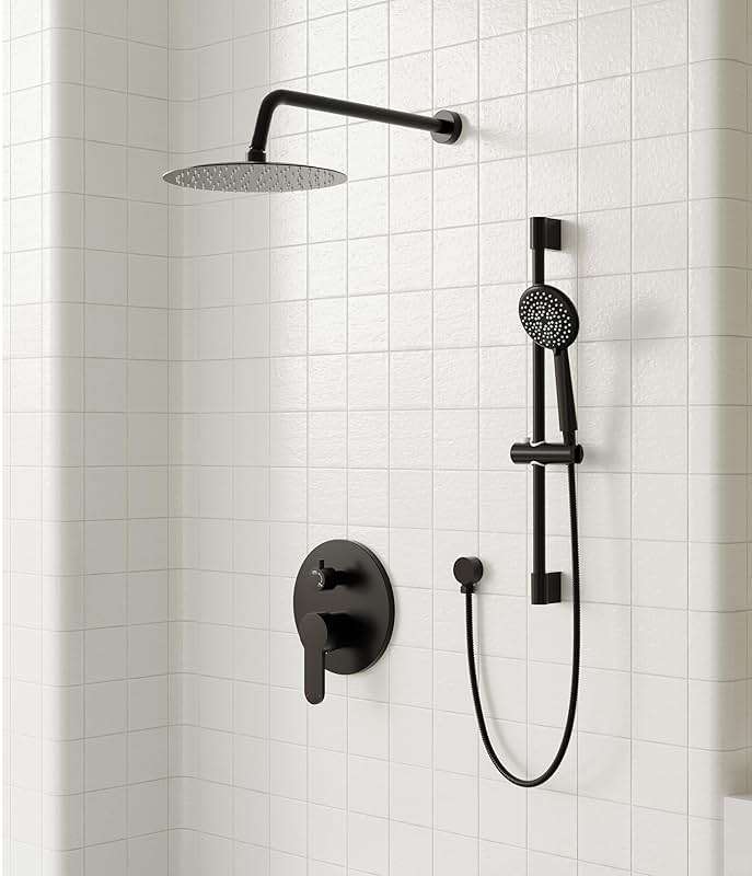 Gabrylly Shower System Black, Wall Mounted Slide Bar Shower Faucet Set Complete,High Pressure 10" Rain Shower Head with 5-Setting Handheld Shower,Shower Combo Set with Shower Valve - Image 2