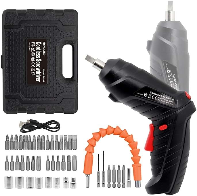 MYMULIKE Cordless Electric Screwdriver, 3.6V Rechargeable Power Screwdriver with 47pcs Accessories, usb Charging, 3Nm Screw Gun, Mini Screwdriver set with LED Light Electric Power Drill Set - Product Image
