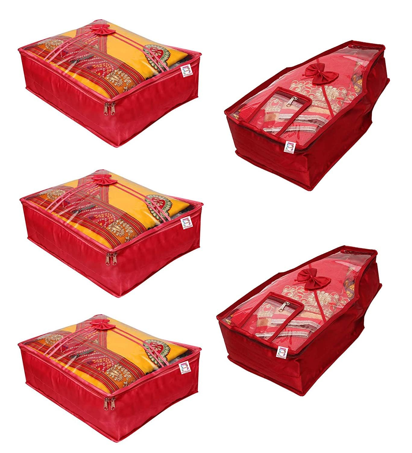 atorakushon Fabric Satin Saree and Blouse Covers Garments Clothes Storage Bag Wardrobe Organizers With Double Zip Lock & Transparent Window Set of 5 Maroon - Product Image