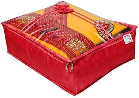 atorakushon Fabric Satin Saree and Blouse Covers Garments Clothes Storage Bag Wardrobe Organizers With Double Zip Lock & Transparent Window Set of 5 Maroon - Image 2
