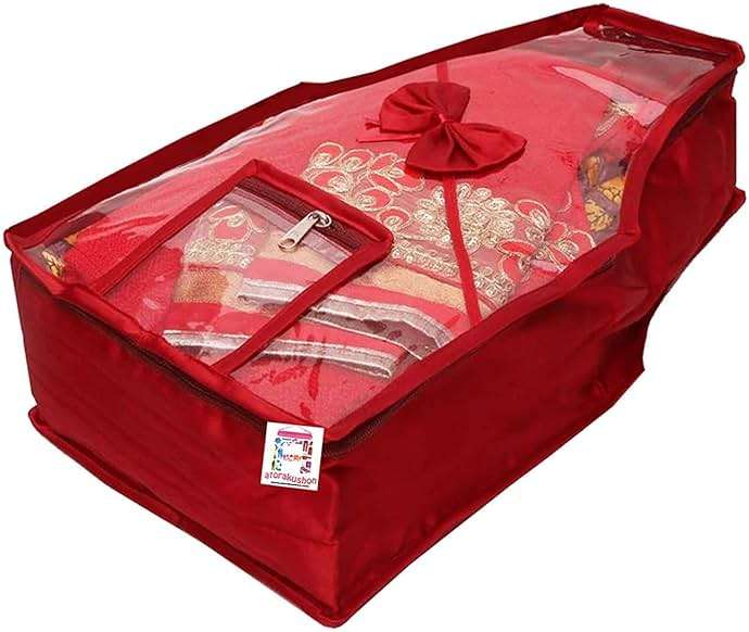 atorakushon Fabric Satin Saree and Blouse Covers Garments Clothes Storage Bag Wardrobe Organizers With Double Zip Lock & Transparent Window Set of 5 Maroon - Image 3