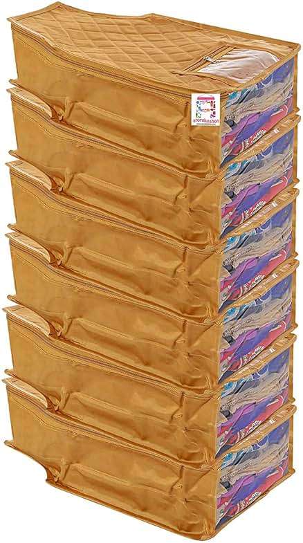 atorakushon 6 Piece Fabric Satin Blouse Cover Clothes Storage Bag Set With Transparent Window Wardrobe Garments Organizers (Golden) - Image 1