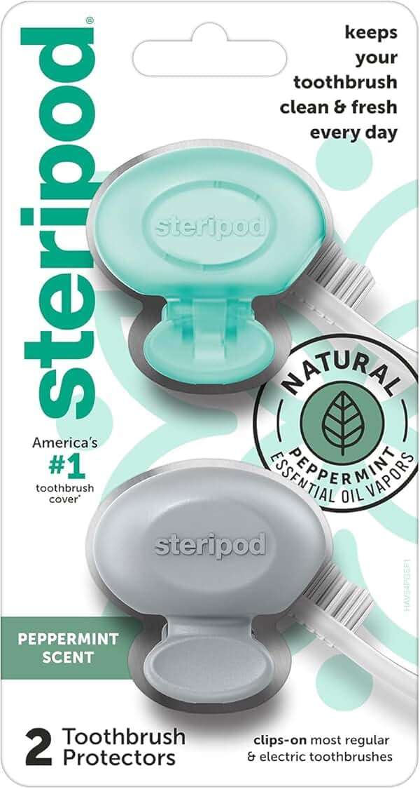 Steripod Clip-On Toothbrush Protector with Peppermint Essential Oils, Keeps Toothbrush Fresh and Clean, Travel Accessories, Fits Most Manual and Electric Toothbrushes, 2 Count - Image 1