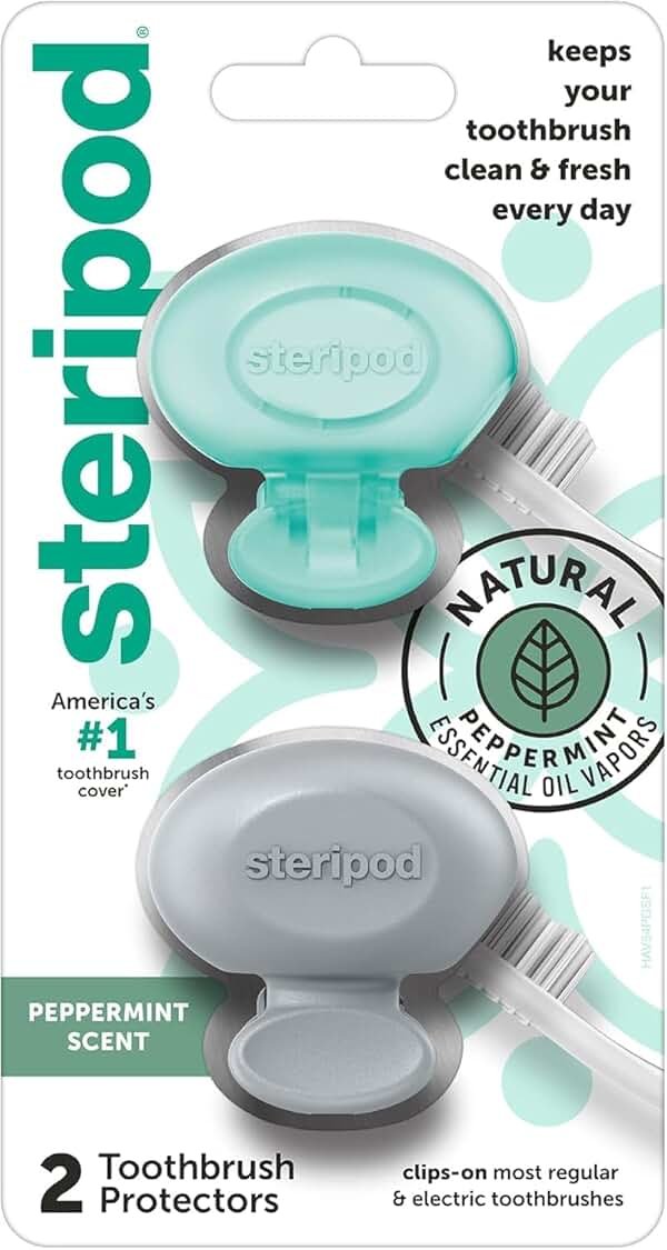 Steripod Clip-On Toothbrush Protector with Peppermint Essential Oils, Keeps Toothbrush Fresh and Clean, Travel Accessories, Fits Most Manual and Electric Toothbrushes, 2 Count - Product Image