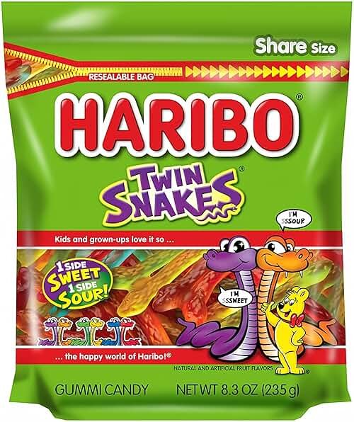 HARIBO Gummi Candy, Twin Snakes Sweet & Sour Gummy Candy, 8.3 Ounce Resealable Share Size Stand Up Bag, Soft & Chewy Snacks, Assorted Fruity Flavors - Product Image