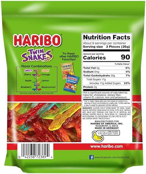 HARIBO Gummi Candy, Twin Snakes Sweet & Sour Gummy Candy, 8.3 Ounce Resealable Share Size Stand Up Bag, Soft & Chewy Snacks, Assorted Fruity Flavors - Image 2