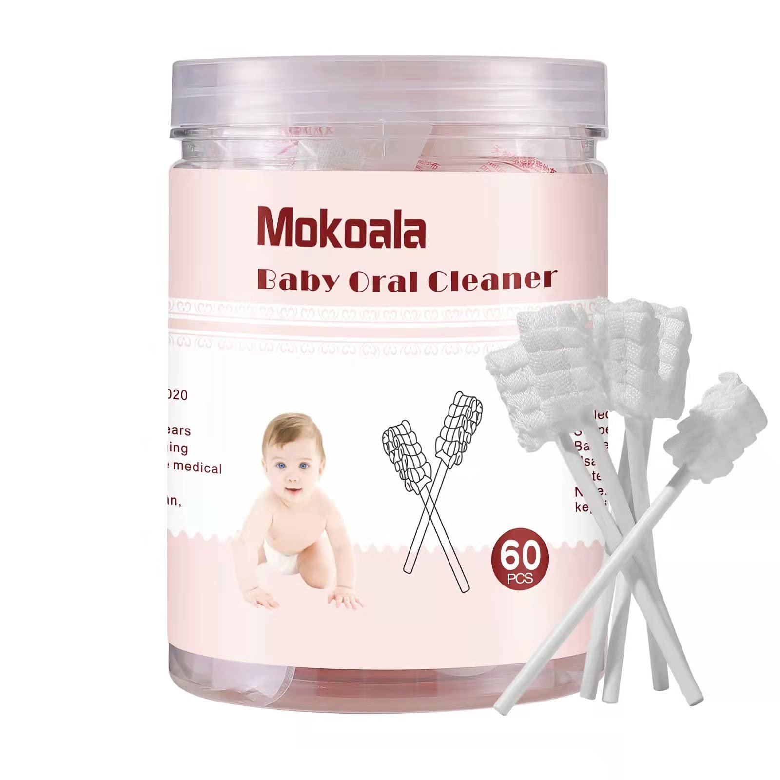 Mokoala 60Pcs Baby Tongue Cleaner, Baby Toothbrush, Disposable Infant Mouth Cleaner, Soft Gauze Toohthbrush Toddler Oral Cleaning Stick Dental Care for 0-36 Month Newborn - Product Image