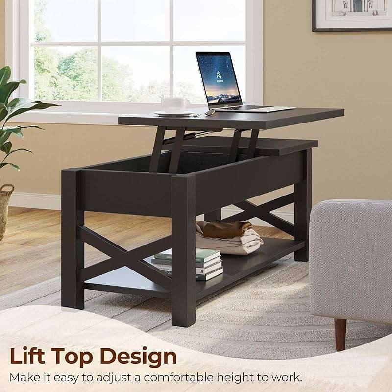 Rolanstar Coffee Table 47.2", 2 Way Lift Top Farmhouse Center Table with Hidden Compartment, Open Shelf & X Wooden Support for Living Room, Black - Image 2
