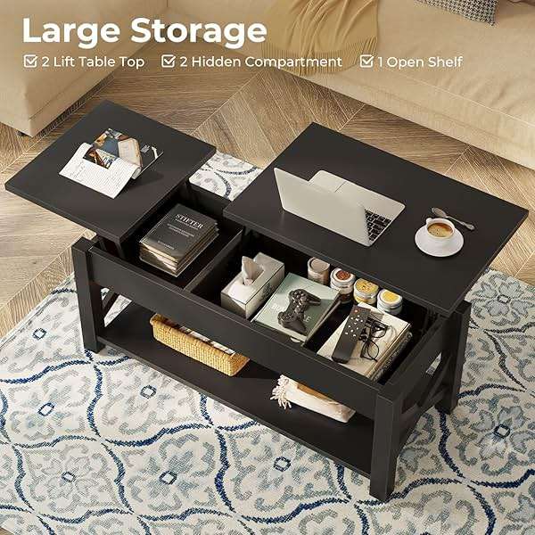 Rolanstar Coffee Table 47.2", 2 Way Lift Top Farmhouse Center Table with Hidden Compartment, Open Shelf & X Wooden Support for Living Room, Black - Image 4