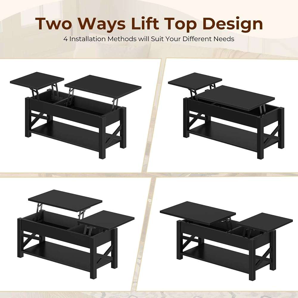 Rolanstar Coffee Table 47.2", 2 Way Lift Top Farmhouse Center Table with Hidden Compartment, Open Shelf & X Wooden Support for Living Room, Black - Image 6