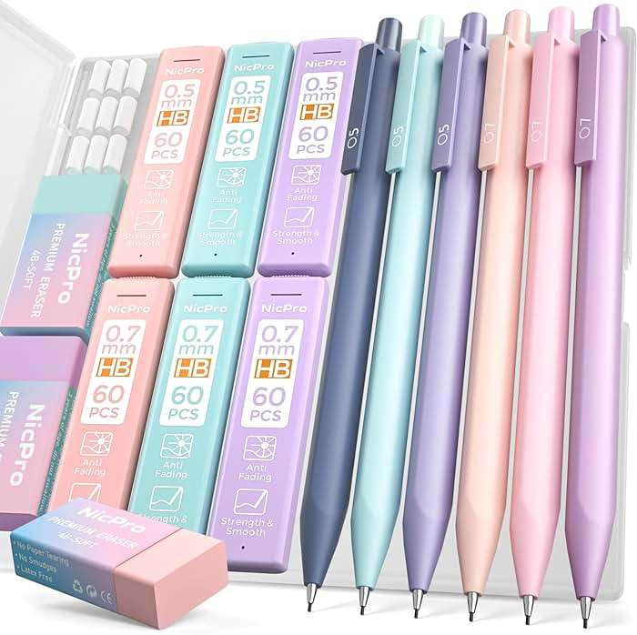 Nicpro Cute Mechanical Pencils Set, 6PCS Pastel 0.5 & 0.7mm Pencils with 6 Tubes HB Leads, Erasers & Refills, Aesthetic School Supplies for Girls, Preppy Stationery Gift for Writing Drawing Sketching - Image 1