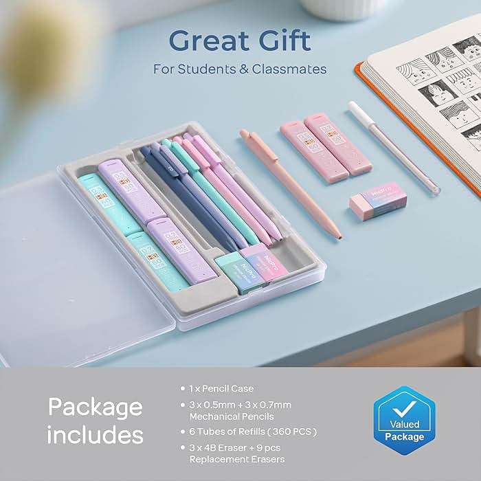 Nicpro Cute Mechanical Pencils Set, 6PCS Pastel 0.5 & 0.7mm Pencils with 6 Tubes HB Leads, Erasers & Refills, Aesthetic School Supplies for Girls, Preppy Stationery Gift for Writing Drawing Sketching - Image 6