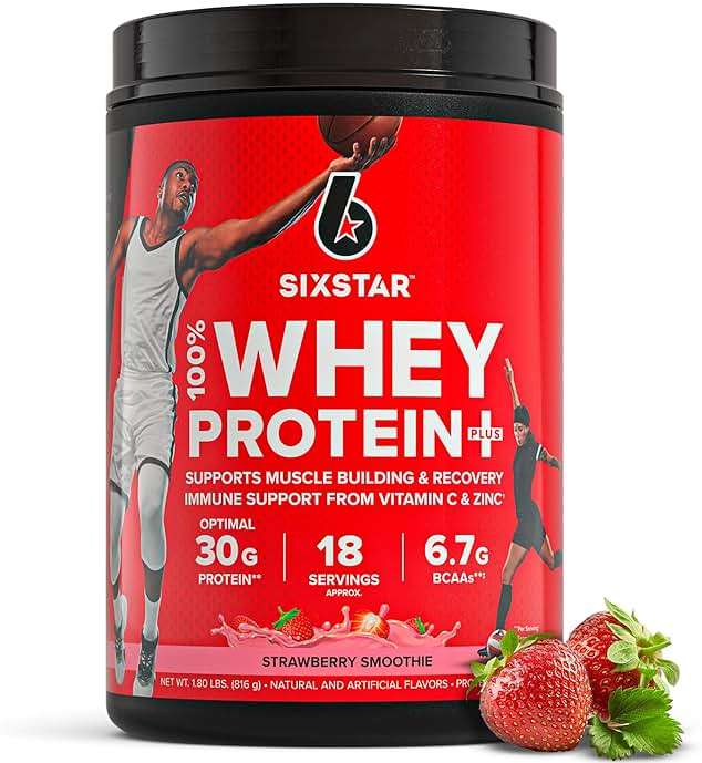 Six Star Whey Protein Powder Plus - Muscle Building & Recovery Formula with Whey Isolate Powder, BCAAs, 30g Protein, Immune Support - Post-Workout Supplement - Strawberry Smoothie, 1.8 lbs - Image 1