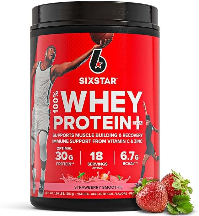 Six Star Whey Protein Powder Plus - Muscle Building & Recovery Formula with Whey Isolate Powder, BCAAs, 30g Protein, Immune Support - Post-Workout Supplement - Strawberry Smoothie, 1.8 lbs - Product Image