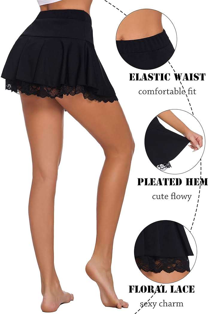 Avidlove Women Pleated Mini Skirt Sexy Lace Ruffle Solid Skirt Lingerie Short Skirts - Image 4