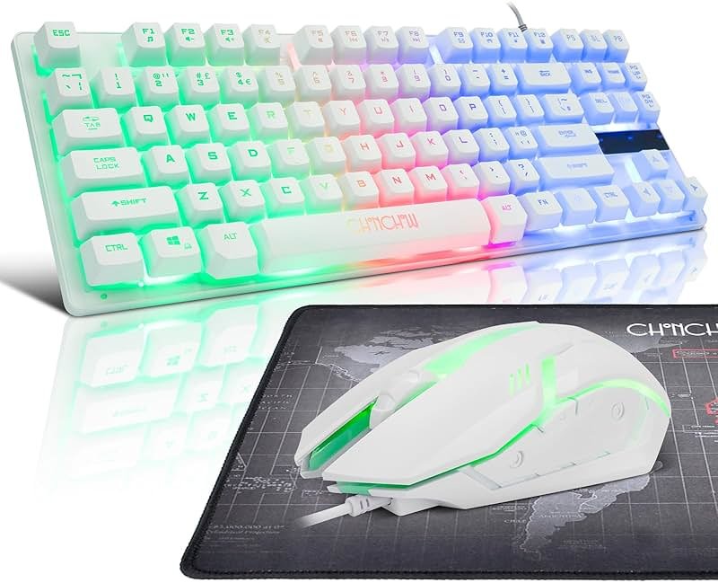 CHONCHOW 87 Keys TKL Wired Gaming Keyboard, Rainbow Led Backlight, White Keyboard and Mouse 3200DPI Combo Compatible with PC Laptop Ps4 Ps5 Xbox Gamer - Product Image