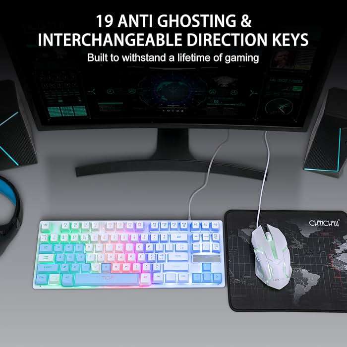 CHONCHOW 87 Keys TKL Wired Gaming Keyboard, Rainbow Led Backlight, White Keyboard and Mouse 3200DPI Combo Compatible with PC Laptop Ps4 Ps5 Xbox Gamer - Image 6