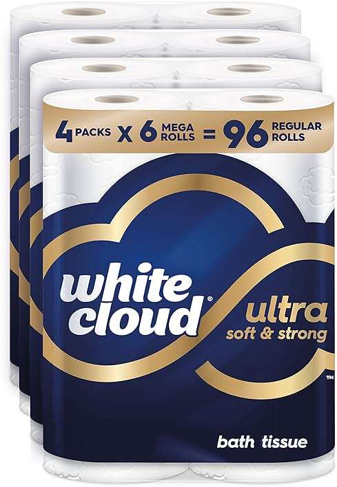 White Cloud Ultra Soft & Strong Toilet Paper, 4 packs of 6 Mega Rolls = 96 Regular Rolls - Image 1