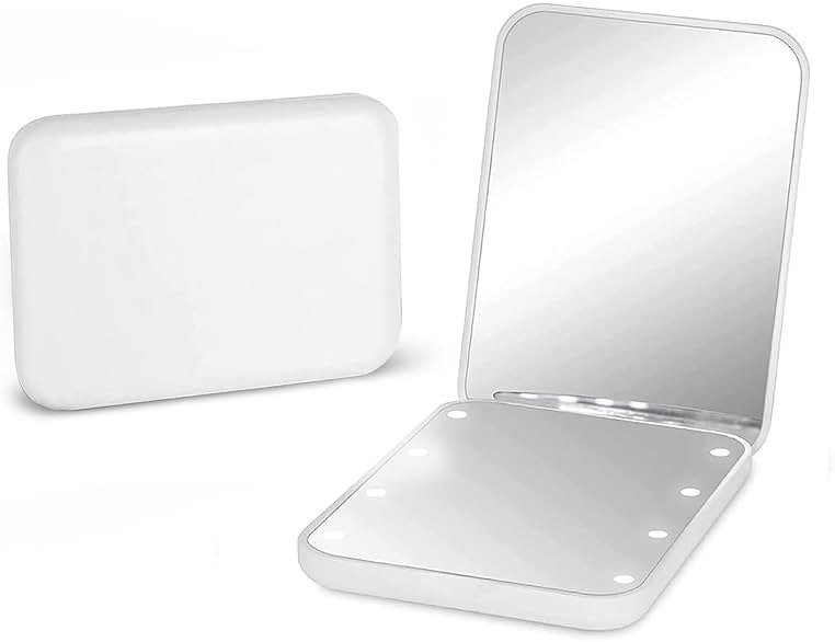 Kintion Pocket Mirror, 1X/3X Magnification LED Compact Travel Makeup Mirror with Light for Purse, 2-Sided, Portable, Folding, Handheld, Small Lighted Mirror for Gift, White - Product Image