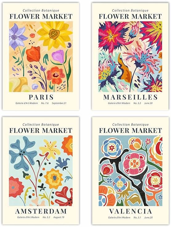 Canssape Set of 4 Flower Market Wall Art Prints - Colorful 8x10 Wall Pictures for Room Decor - Daisy Aesthetic Poster Prints (Unframed) - Product Image